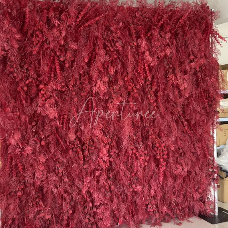 Aperturee - Aperturee Deep Red Artificial Flower Wall with Lush Foliage and Berry Clusters Elegant Wedding Party Decor