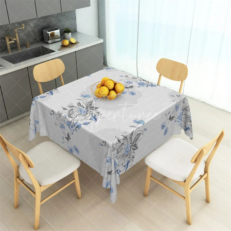Aperturee - Aperturee Delicate Light Blue Floral Rectangle Tablecloth Shabby Chic Grey Leaf Table Cover for Baby Shower