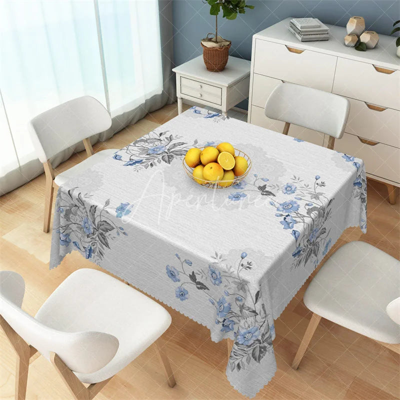Aperturee - Aperturee Delicate Light Blue Floral Rectangle Tablecloth Shabby Chic Grey Leaf Table Cover for Baby Shower