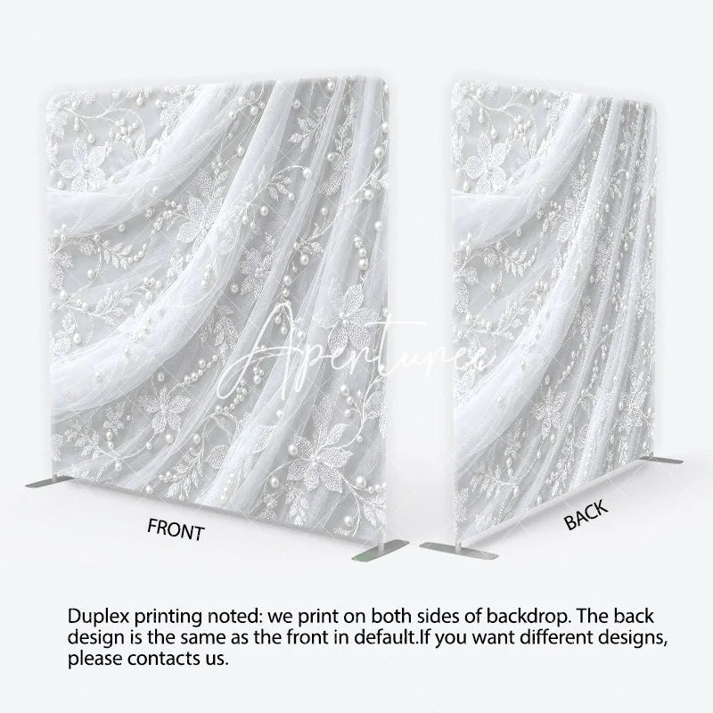 Aperturee - Aperturee Delicate White Lace Floral Pearl Embellished Square Double-Sided Backdrop Elegant Wedding Photography Decor