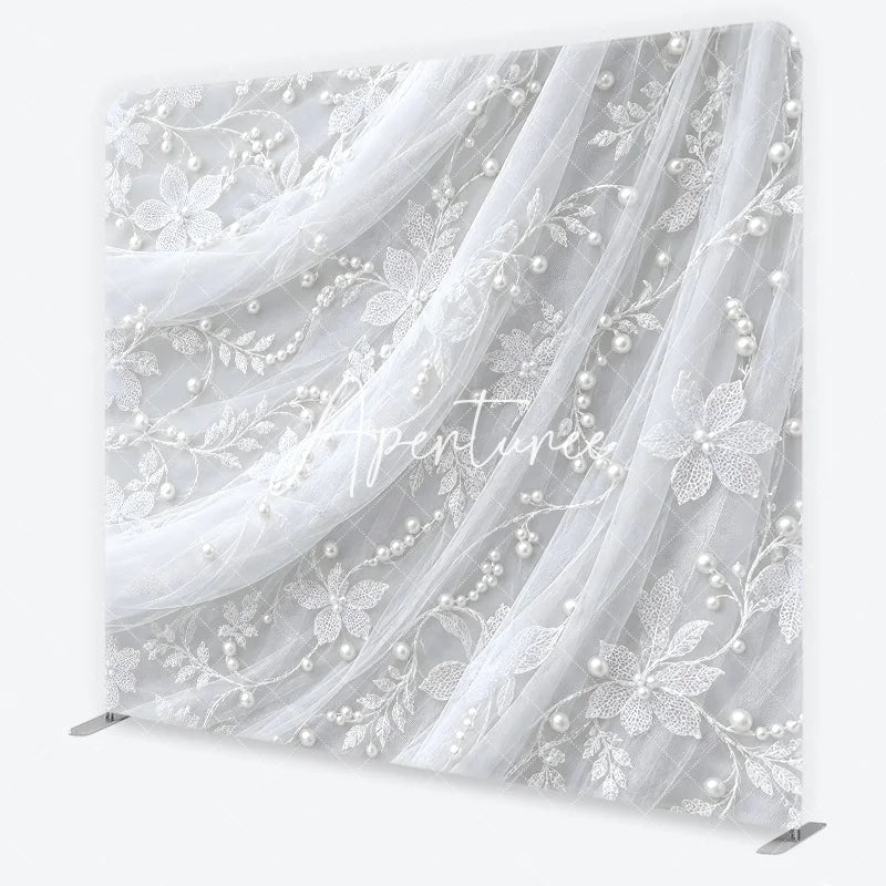 Aperturee - Aperturee Delicate White Lace Floral Pearl Embellished Square Double-Sided Backdrop Elegant Wedding Photography Decor