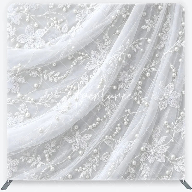 Aperturee - Aperturee Delicate White Lace Floral Pearl Embellished Square Double-Sided Backdrop Elegant Wedding Photography Decor