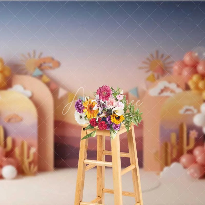 Aperturee - Aperturee Desert Sunset Cactus Photography Backdrop Boho Mountains Birthday Party Banner