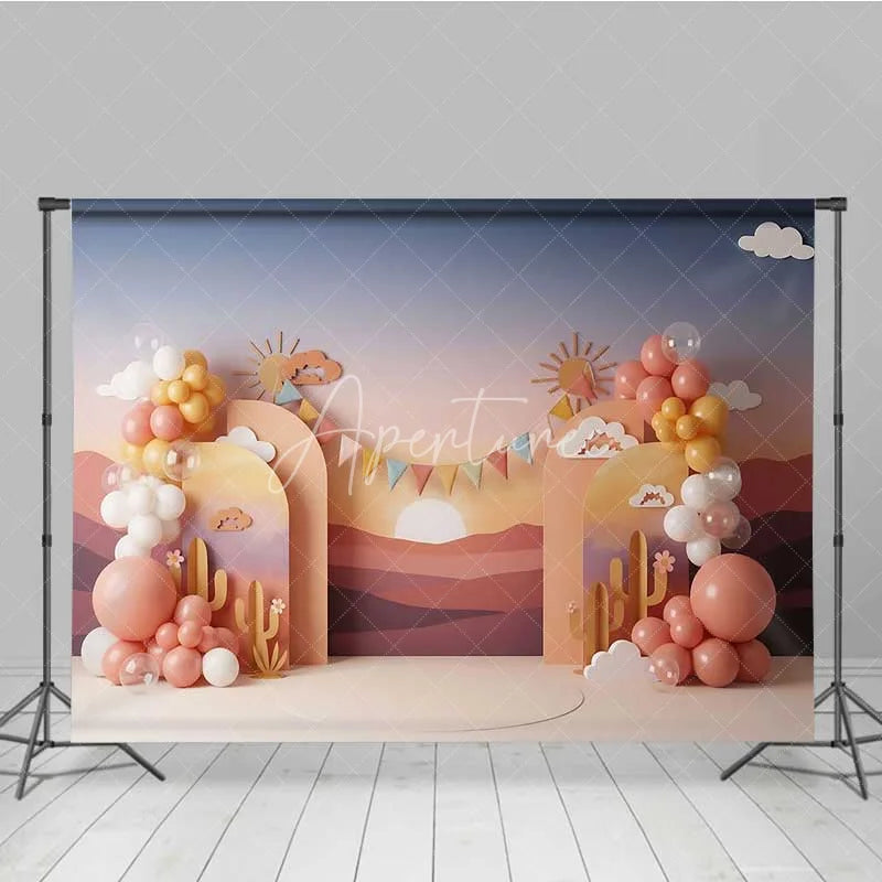 Aperturee - Aperturee Desert Sunset Cactus Photography Backdrop Boho Mountains Birthday Party Banner