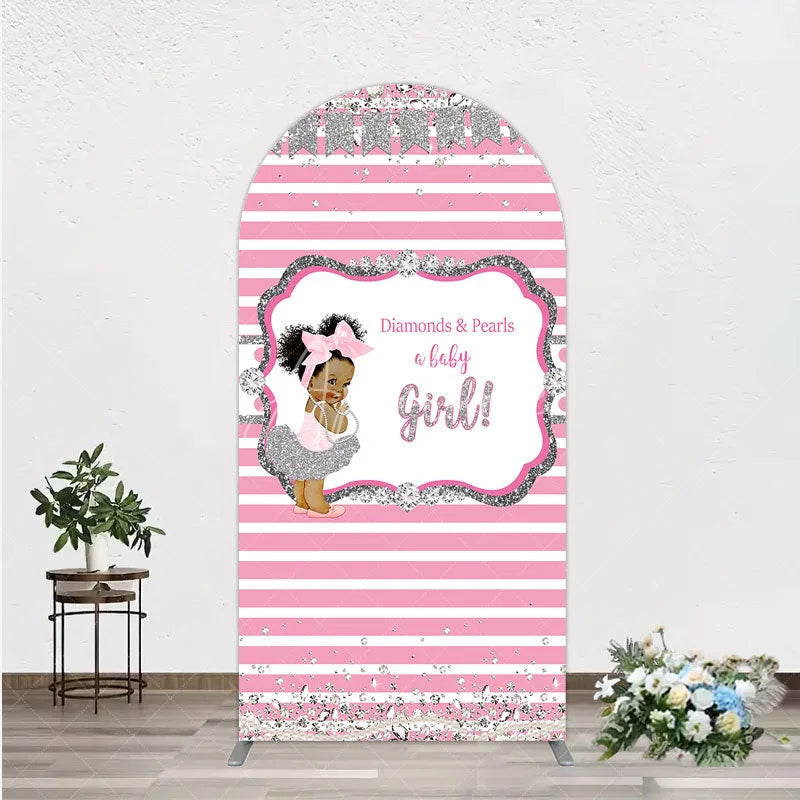 Aperturee - Aperturee Diamonds and Pearls Baby Girl Shower Arch Backdrop Pink and Silver Glitter African American Princess Theme Decor