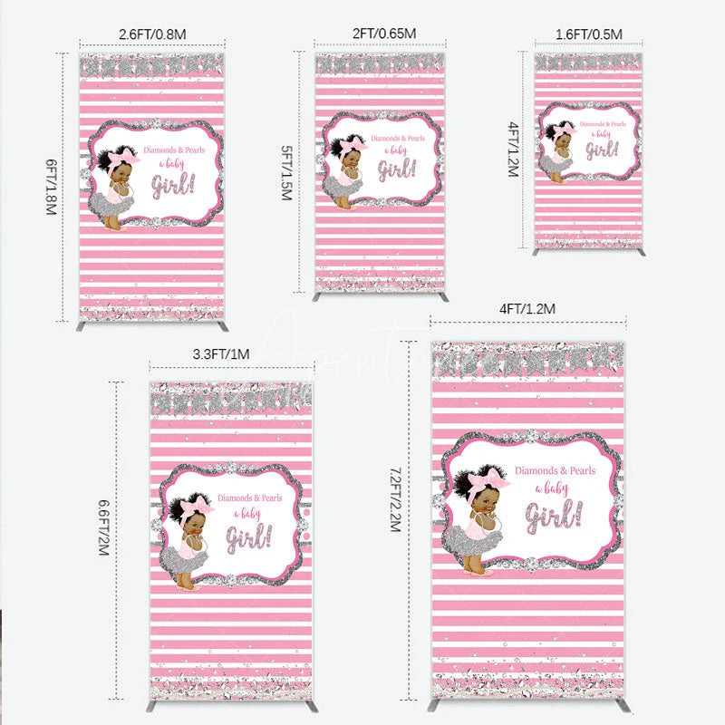 Aperturee - Aperturee Diamonds and Pearls Baby Girl Shower Rectangle Backdrop Pink and Silver Glitter African American Princess Theme Decor