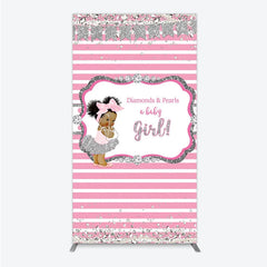 Aperturee - Aperturee Diamonds and Pearls Baby Girl Shower Rectangle Backdrop Pink and Silver Glitter African American Princess Theme Decor