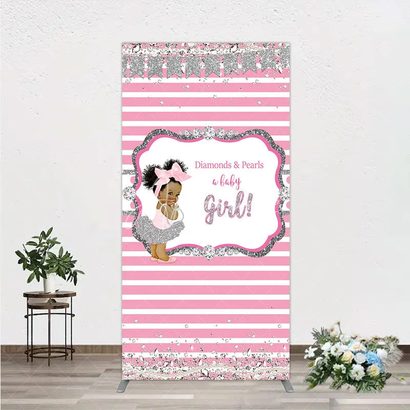 Aperturee - Aperturee Diamonds and Pearls Baby Girl Shower Rectangle Backdrop Pink and Silver Glitter African American Princess Theme Decor
