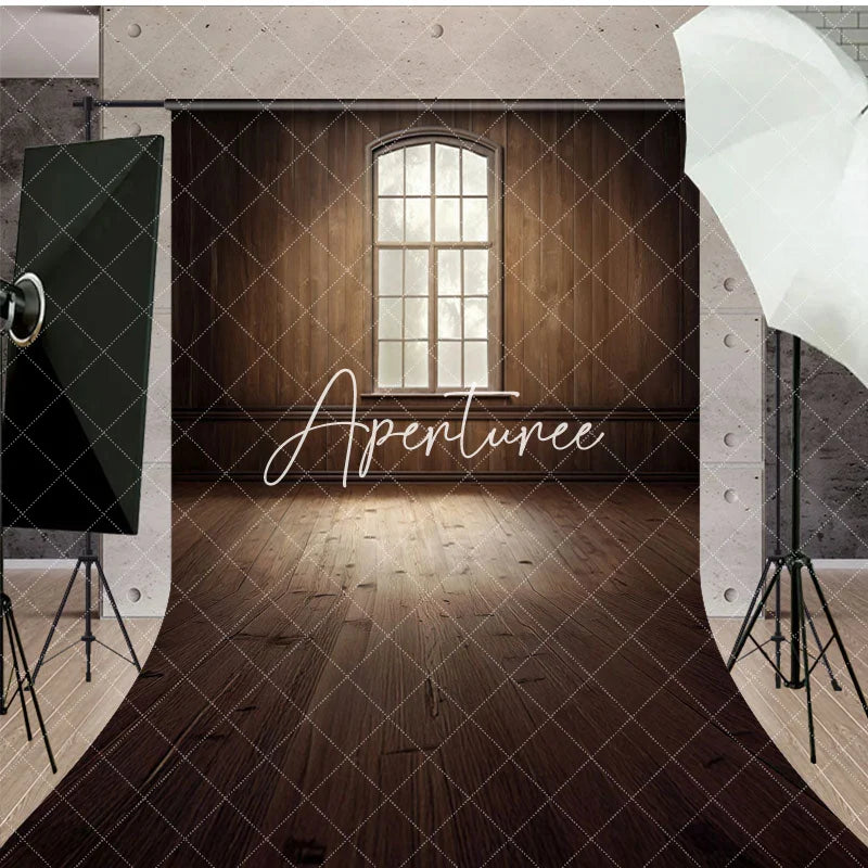 Aperturee - Aperturee Dim Vintage Brown Wood Cabin Window Sweep Backdrop