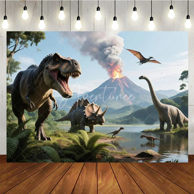 Aperturee - Aperturee Dinosaur Birthday Photography Backdrop Jurassic T-Rex and Volcano Scene Prehistoric Party Photo Background