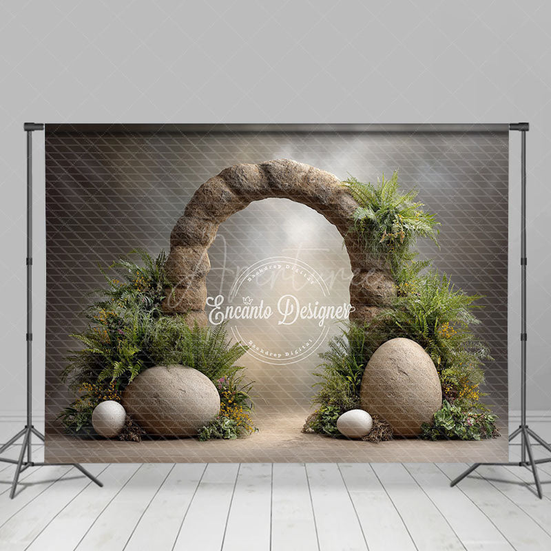 Aperturee - Aperturee Dinosaur Egg and Stone Arch Photography Backdrop Prehistoric Ferns for Birthday Jurassic Cake Smash Background