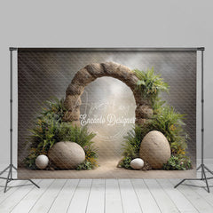Aperturee - Aperturee Dinosaur Egg and Stone Arch Photography Backdrop Prehistoric Ferns for Birthday Jurassic Cake Smash Background