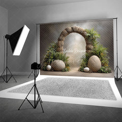 Aperturee - Aperturee Dinosaur Egg and Stone Arch Photography Backdrop Prehistoric Ferns for Birthday Jurassic Cake Smash Background