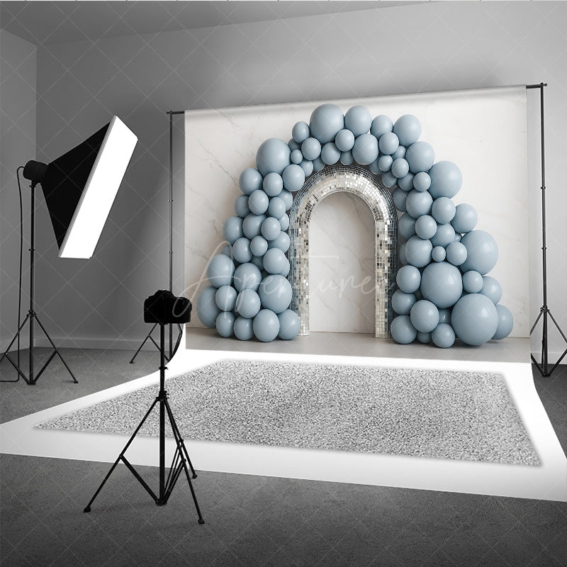 Aperturee Aperturee Disco Balloon Arch Cake Smash Backdrop Dusty Blue Balloons and Mirror Ball Arch Groovy First Birthday Photo Prop