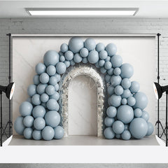 Aperturee Aperturee Disco Balloon Arch Cake Smash Backdrop Dusty Blue Balloons and Mirror Ball Arch Groovy First Birthday Photo Prop
