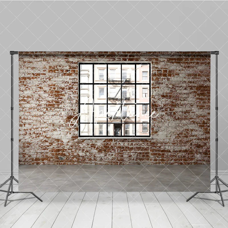 Aperturee - Aperturee Distressed Brick Wall with Black Window Photography Backdrop Urban City Loft Industrial Style for Photo Shoots