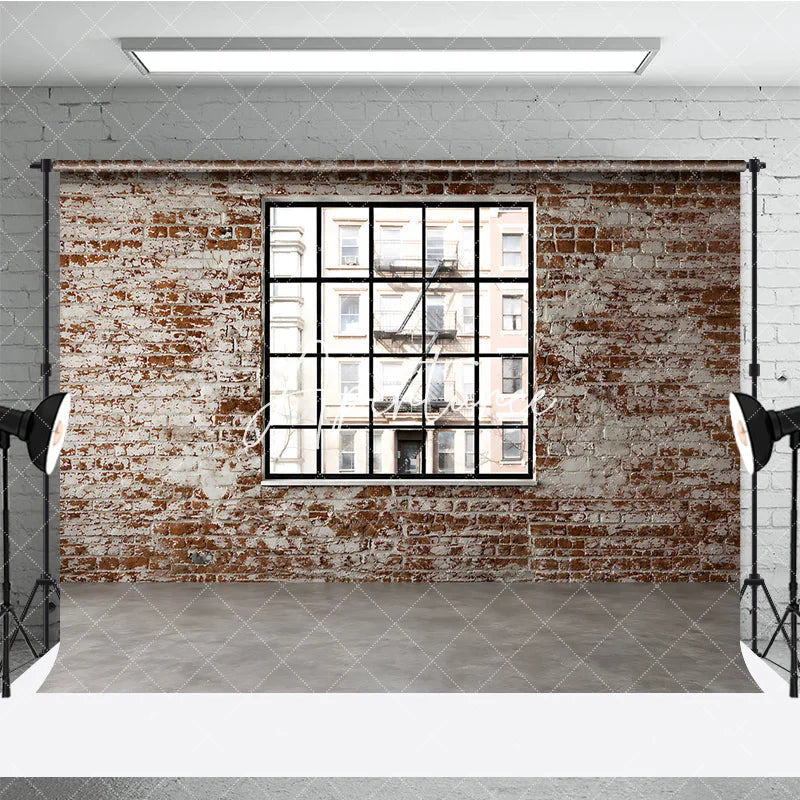 Aperturee - Aperturee Distressed Brick Wall with Black Window Photography Backdrop Urban City Loft Industrial Style for Photo Shoots