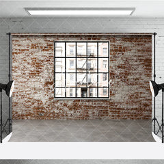 Aperturee - Aperturee Distressed Brick Wall with Black Window Photography Backdrop Urban City Loft Industrial Style for Photo Shoots