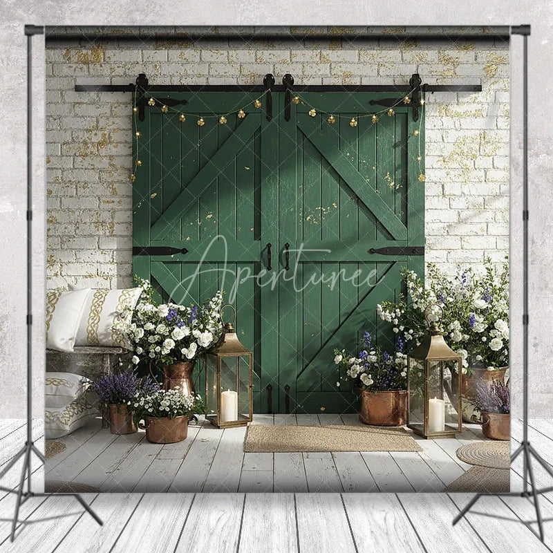 Aperturee - Aperturee Distressed Green Barn Door Photography Backdrop with White Brick Wall Rustic Farmhouse Decor and Clover Lights