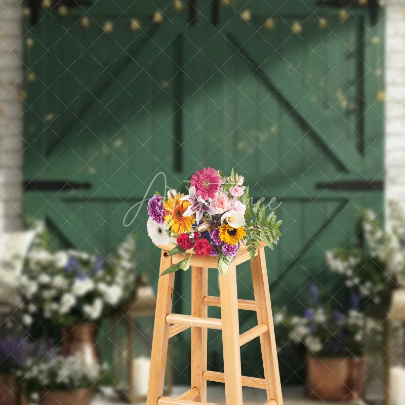 Aperturee - Aperturee Distressed Green Barn Door Photography Backdrop with White Brick Wall Rustic Farmhouse Decor and Clover Lights