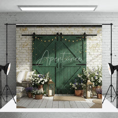 Aperturee - Aperturee Distressed Green Barn Door Photography Backdrop with White Brick Wall Rustic Farmhouse Decor and Clover Lights