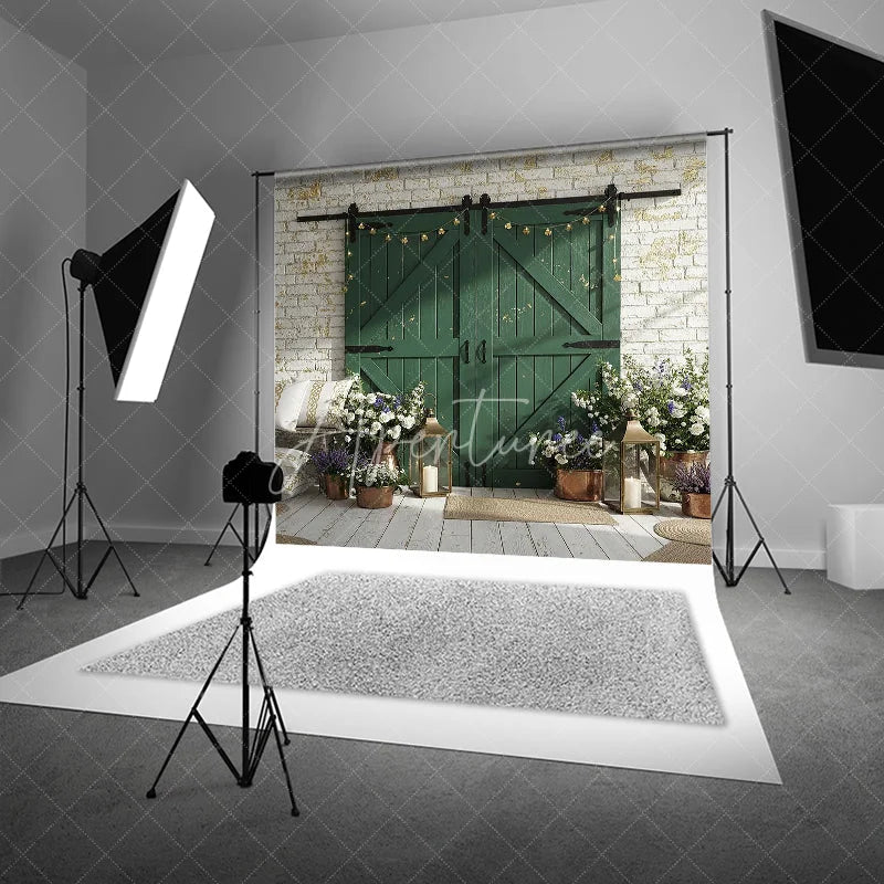 Aperturee - Aperturee Distressed Green Barn Door Photography Backdrop with White Brick Wall Rustic Farmhouse Decor and Clover Lights