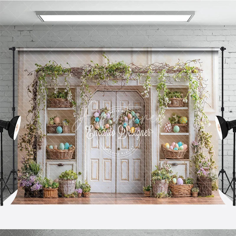 Aperturee - Aperturee Distressed White Cabinet Easter Photography Backdrop Pastel Egg Wreaths and Baskets Studio Background