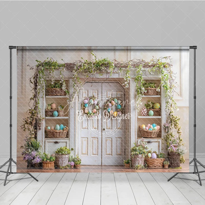 Aperturee - Aperturee Distressed White Cabinet Easter Photography Backdrop Pastel Egg Wreaths and Baskets Studio Background