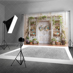 Aperturee - Aperturee Distressed White Cabinet Easter Photography Backdrop Pastel Egg Wreaths and Baskets Studio Background