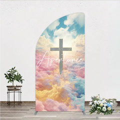 Aperturee - Aperturee Divine Cross with Pastel Pink Yellow Blue Clouds Half Moon Arch Backdrop Spiritual Celebration Decor