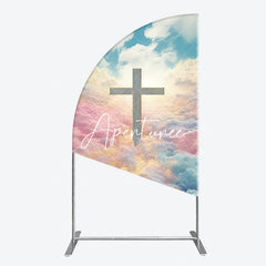 Aperturee - Aperturee Divine Cross with Pastel Pink Yellow Blue Clouds Half Moon Arch Backdrop Spiritual Celebration Decor