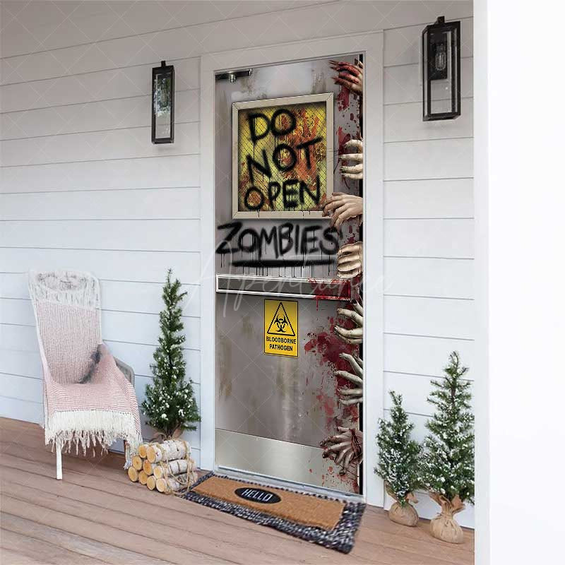 Aperturee - Aperturee Do Not Open Zombies Halloween Door Cover Spooky Bloody Hands and Biohazard Sign Haunted House Party Decor Prop