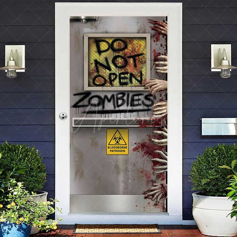 Aperturee - Aperturee Do Not Open Zombies Halloween Door Cover Spooky Bloody Hands and Biohazard Sign Haunted House Party Decor Prop
