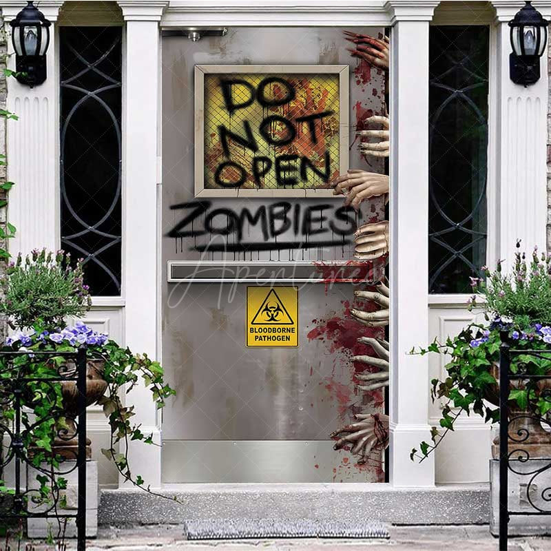 Aperturee - Aperturee Do Not Open Zombies Halloween Door Cover Spooky Bloody Hands and Biohazard Sign Haunted House Party Decor Prop