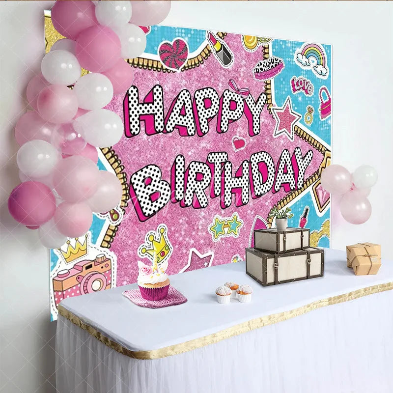 Aperturee - Aperturee Doll Surprise Themed Happy Birthday Backdrop Pink Glam Pop Star Party Decor Sticker Bomb Style Photo Booth Banner