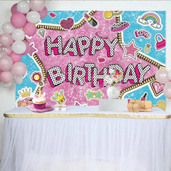 Aperturee - Aperturee Doll Surprise Themed Happy Birthday Backdrop Pink Glam Pop Star Party Decor Sticker Bomb Style Photo Booth Banner