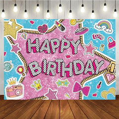Aperturee - Aperturee Doll Surprise Themed Happy Birthday Backdrop Pink Glam Pop Star Party Decor Sticker Bomb Style Photo Booth Banner