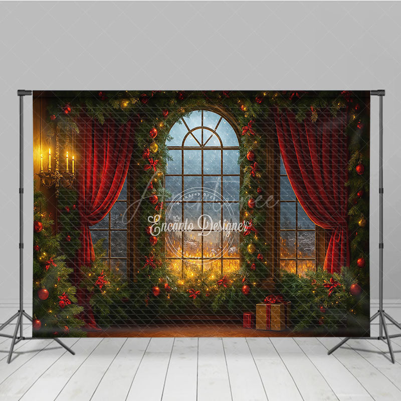 Aperturee - Aperturee Dramatic Christmas Window Photography Backdrop Fiery Sunset with Red Curtains Cozy Holiday Mini Session Background