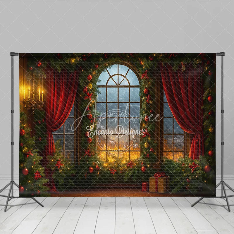 Aperturee - Aperturee Dramatic Christmas Window Photography Backdrop Fiery Sunset with Red Curtains Cozy Holiday Mini Session Background