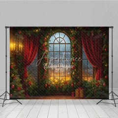 Aperturee - Aperturee Dramatic Christmas Window Photography Backdrop Fiery Sunset with Red Curtains Cozy Holiday Mini Session Background