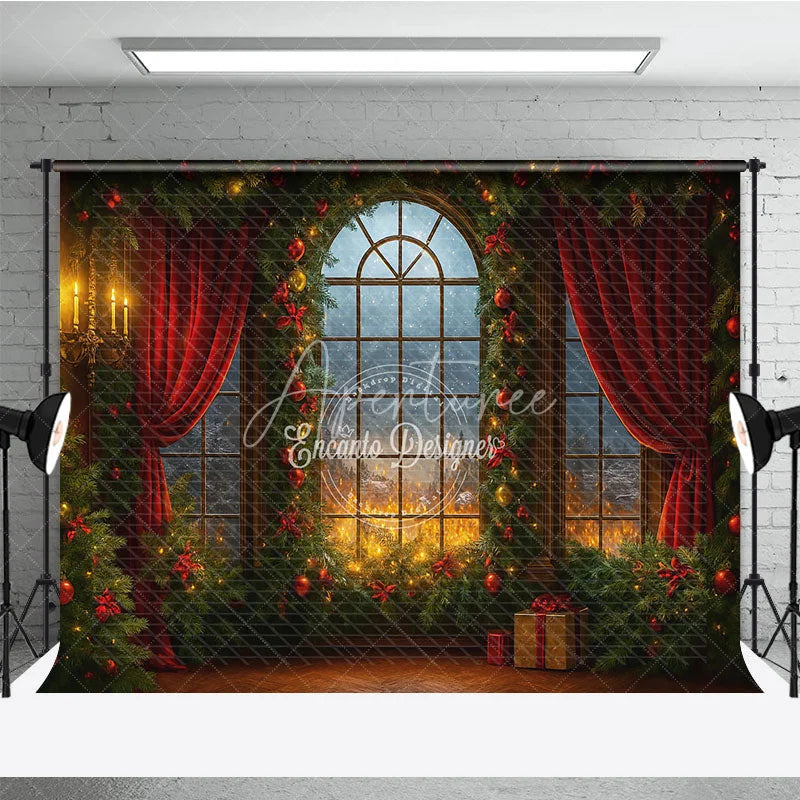 Aperturee - Aperturee Dramatic Christmas Window Photography Backdrop Fiery Sunset with Red Curtains Cozy Holiday Mini Session Background