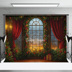 Aperturee - Aperturee Dramatic Christmas Window Photography Backdrop Fiery Sunset with Red Curtains Cozy Holiday Mini Session Background