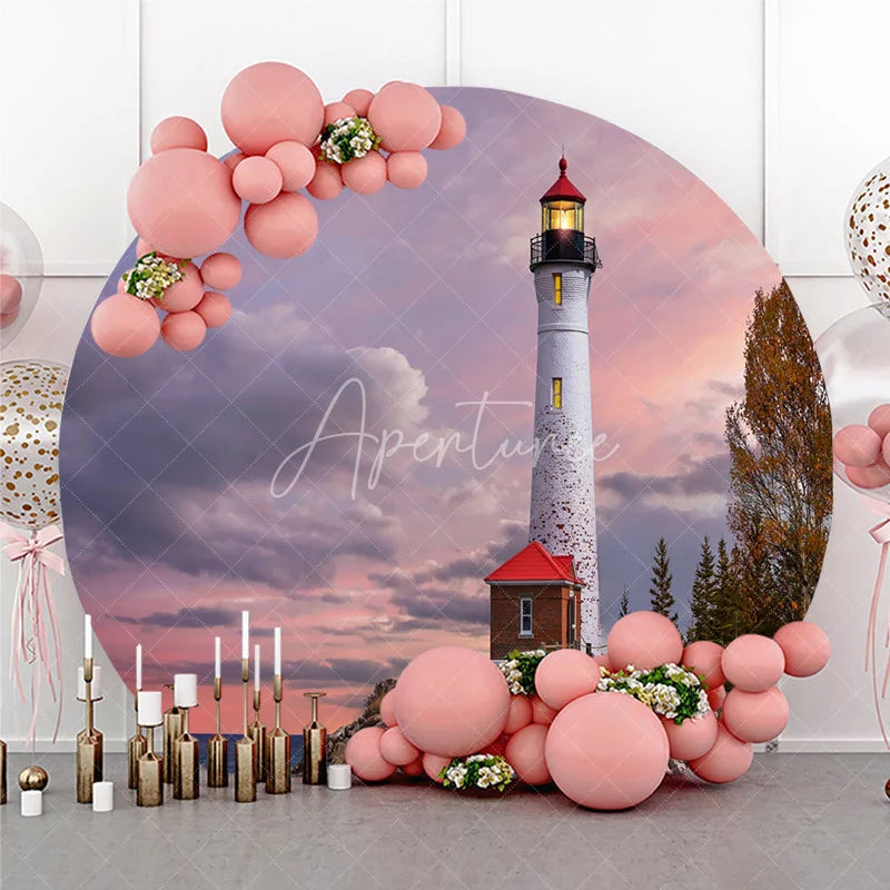 Aperturee - Aperturee Dramatic Pink Sunset Sky Lighthouse Round Backdrop Scenic Coastal Landscape Photography Background