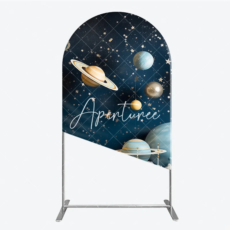 Aperturee - Aperturee Dreamy Blue Gold Silver Planets and Stars Space Round Top Arch Backdrop Celestial Galaxy Universe Theme Party Decor