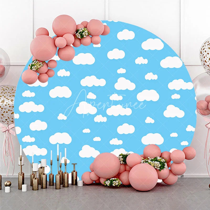 Aperturee - Aperturee Dreamy Blue Sky with White Cartoon Clouds Round Backdrop Sweet Baby Shower or Birthday Party Decor