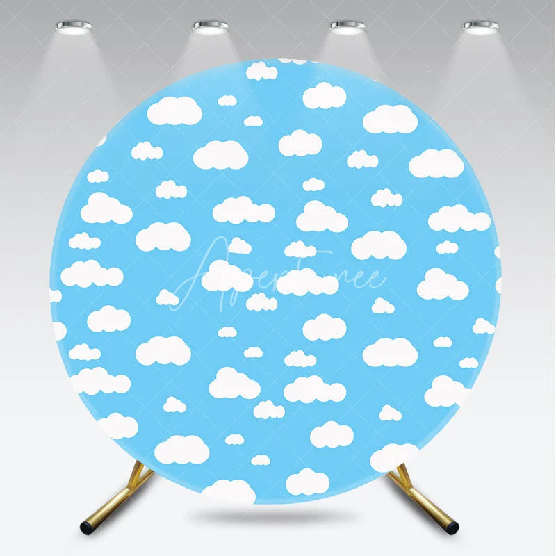 Aperturee - Aperturee Dreamy Blue Sky with White Cartoon Clouds Round Backdrop Sweet Baby Shower or Birthday Party Decor