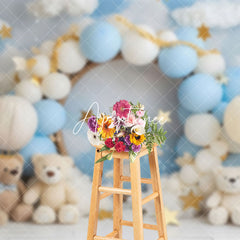 Aperturee - Aperturee Dreamy Blue White Balloon Cloud Teddy Bear Backdrop
