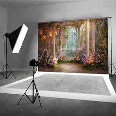 Aperturee - Aperturee Dreamy Fairy Tale Garden Gazebo Photography Backdrop with Classical Columns Cascading Floral Vines and Lanterns