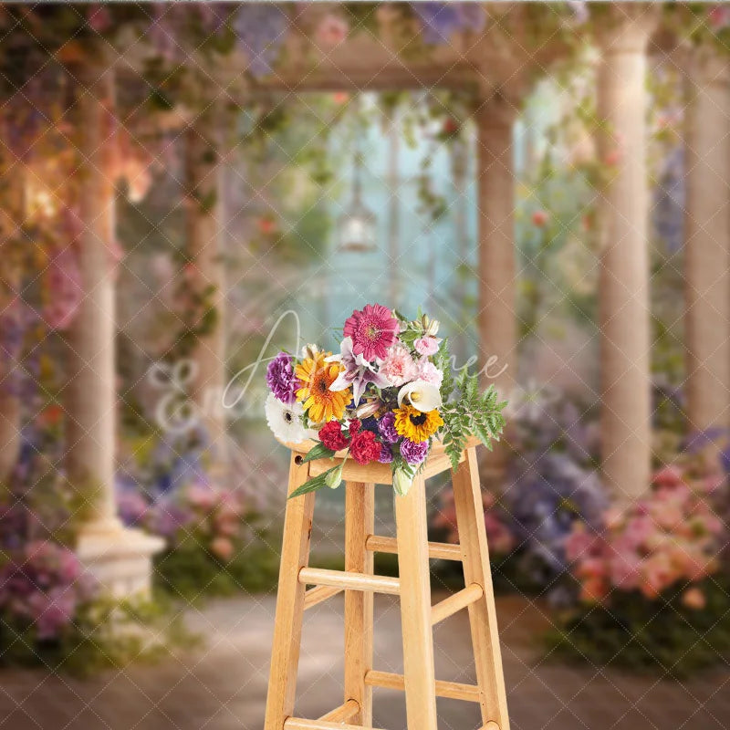 Aperturee - Aperturee Dreamy Fairy Tale Garden Gazebo Photography Backdrop with Classical Columns Cascading Floral Vines and Lanterns