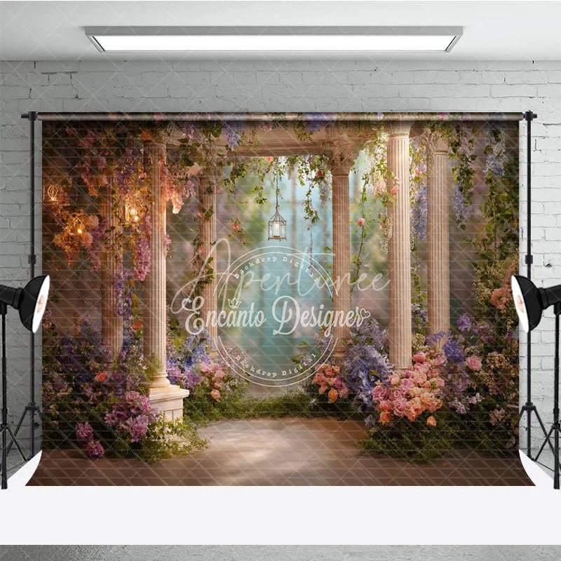 Aperturee - Aperturee Dreamy Fairy Tale Garden Gazebo Photography Backdrop with Classical Columns Cascading Floral Vines and Lanterns